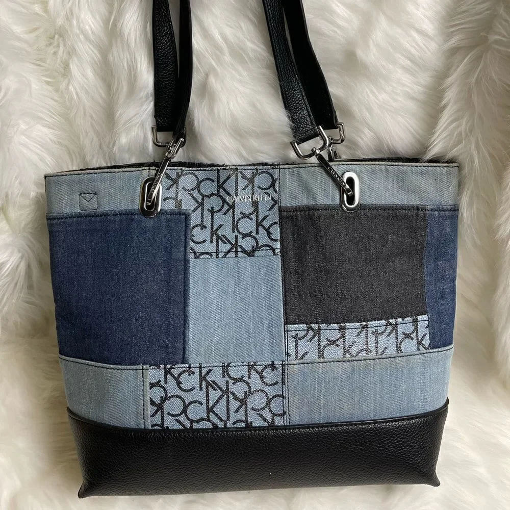 Calvin Klein gray and Bleu denim logo with black synthetic trim large tote